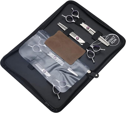 Fenice Peak 8'' Dog Grooming Scissors Set 4PCS Straight Curved Thinning Chunker Shears with Purple Finger Rings and Flashing Screw 440C Stainless Steel Natural Color Trimming Shears Durable and Sharp