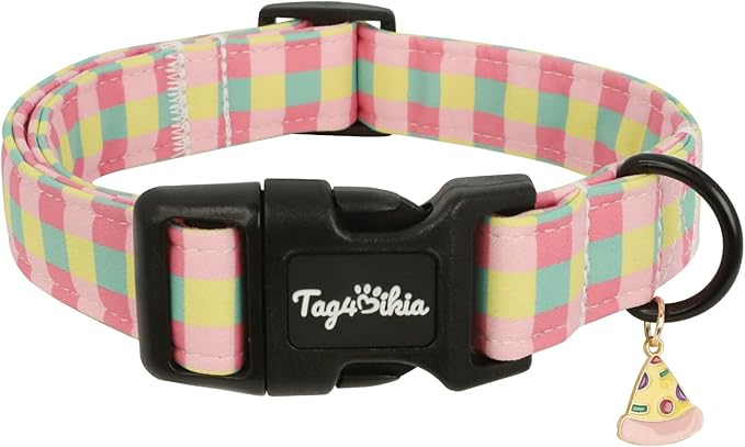 Dog Collar with Colorful Check Pattern, Spring Summer Collection Dog Collar with Exquisite Pendant, Durable Adjustable Collars for Gifts & Daily Use-XS