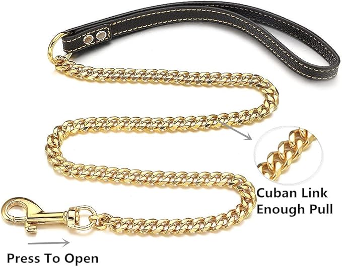 18K Gold Dog Chain Leash 11MM Solid Chew Proof 316L Stainless Steel Cuban Link Chain with Smooth Leather Handle Beautiful Leash for Walking Training 3FT/4FT/5FT(11mm,3ft)…