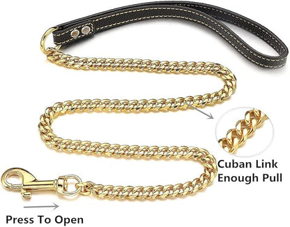 18K Gold Dog Chain Leash 11MM Solid Chew Proof 316L Stainless Steel Cuban Link Chain with Smooth Leather Handle Beautiful Leash for Walking Training 3FT/4FT/5FT(11mm,5ft)…