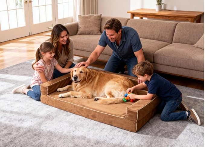 Mama halo Orthopedic Dog Bed with Memory Foam, Waterproof Liner, 3-Sided Bolster Design, Mocca Mousse, Medium, Machine Washable Cover, 34 x 22 Inches