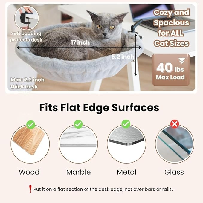 Cat Desk Bed - Stable and Sturdy, Bedside and Desk Perch, Rotating Cat Hammock with 2 Washable Covers, Non-Slip Clamp - Safe, Space-Saving Cat's Furniture for Remote Workers, Gamers, Holds Up to 40lbs