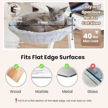 Cat Desk Bed - Stable and Sturdy, Bedside and Desk Perch, Rotating Cat Hammock with 2 Washable Covers, Non-Slip Clamp - Safe, Space-Saving Cat's Furniture for Remote Workers, Gamers, Holds Up to 40lbs