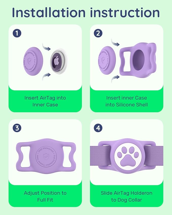 WhoseID IP68 Waterpoof Dog Airtag Holder, Stretchy Silicone Full Body Covered Apple Air Tag Holder for Dog Cat Collar Fit All Width Collar (Purple, 1 Pack)