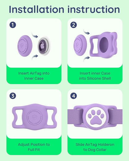 WhoseID IP68 Waterpoof Dog Airtag Holder, Stretchy Silicone Full Body Covered Apple Air Tag Holder for Dog Cat Collar Fit All Width Collar (Purple, 1 Pack)