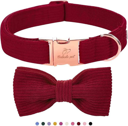Wine Red Dog Collars for Small Dog,Cute Corduroy Dog Collar with Bow Tie Safety Metal Buckle Adjustable Puppy Collars for Medium Large Boy&Girl Male&Female Dogs,S-Neck 10"-16"