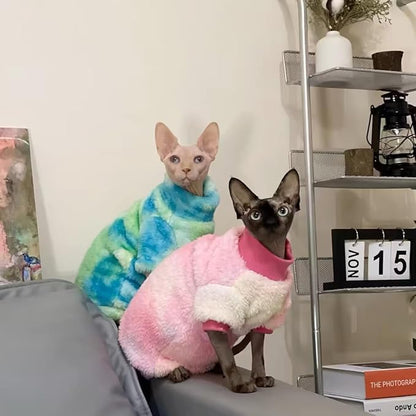Sphynx Cat Warm Turtleneck Sweater, Thick Soft Double-Sided Fleece Clothes for Cats, Two-Legged Winter Onesie for Cats and Small Dogs,Pjs for Cats and Puppy (Green Tie-dye, L (5-6.5lbs))