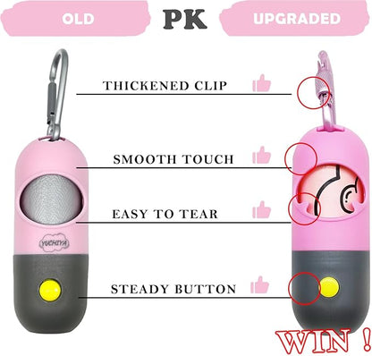 Dog Poop Bag Holder Dispenser with LED Flashlight - Night Visibility for Safe Evening Walks | Upgraded Hands-Free Leash Clip | Includes 15 Dog Waste Bags (Pink)
