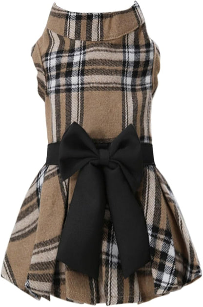 Pet Dresses for Small Dogs Cats Girl, Cute Princess Bowknot Dress Puppy Shirt All Weather Skirt Clothes Cat Apparel for Birthday Wedding Party Holiday (Khaki&Black, Large)