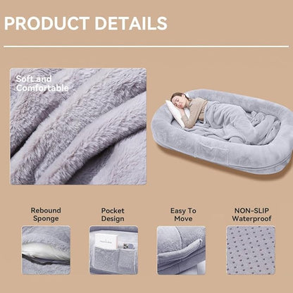 Ultra-Soft Human Size Dog Bed for People and Pets; 77”x51”x11” Extra Large Dog Bed with Raised Cushioned Rim, Removable Cover, Waterproof Lining and Bonus Blanket (77"x51"x11", Grey)