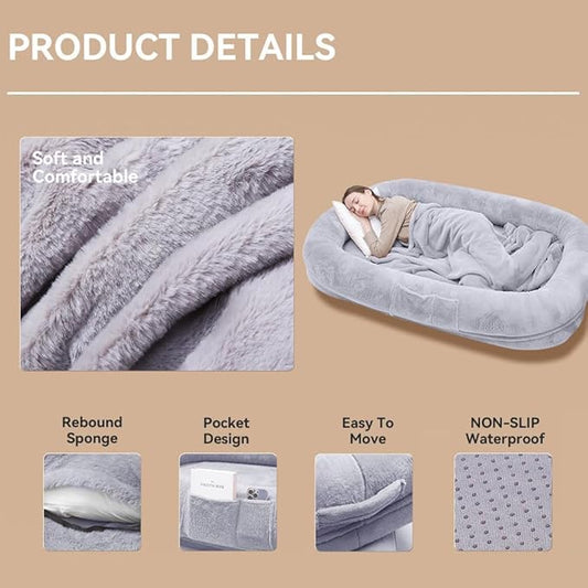 Ultra-Soft Human Size Dog Bed for People and Pets; 77”x51”x11” Extra Large Dog Bed with Raised Cushioned Rim, Removable Cover, Waterproof Lining and Bonus Blanket (77"x51"x11", Grey)