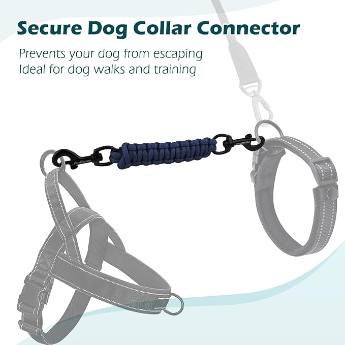PetBonus Dog Collar Safety Clip, Handmade Backup Safety Strap for Dog Harness, Prong, Pinch Collar, Double Ended Clasp Leash Connector (Navy Blue)
