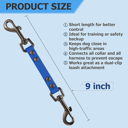 Dog Safety Collar Clip – Waterproof Backup Connector with Dual Hooks for Harness and Collar | Leash Safety Attachment for Training & Walking (Blue, 9 inch)