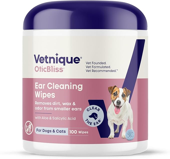 VETNIQUE Oticbliss Advanced Cleaning Ear Wipes for Dogs & Cats for Odor Control, Dirt and Wax Removal with Soothing Aloe Vera, Drying Agent and Vitamin E, Clear the Ear 100ct Wipes