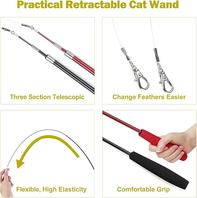 MeoHui Cat Toys for Indoor Cats, Interactive Cat Toy 2PCS Retractable Wand Toy and 9PCS Cat Feather Toys Refills, Funny Kitten Toys Cat Fishing Pole Toy for Bored Indoor Cats Chase and Exercise