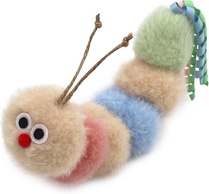 Jumpaws Interactive Natural Catnip Kicker, with Rattle and Ribbon, Bite Resistant, for All Ages Indoor Cat, Soft Caterpillar Kicker, Fluffy Kitten Toy