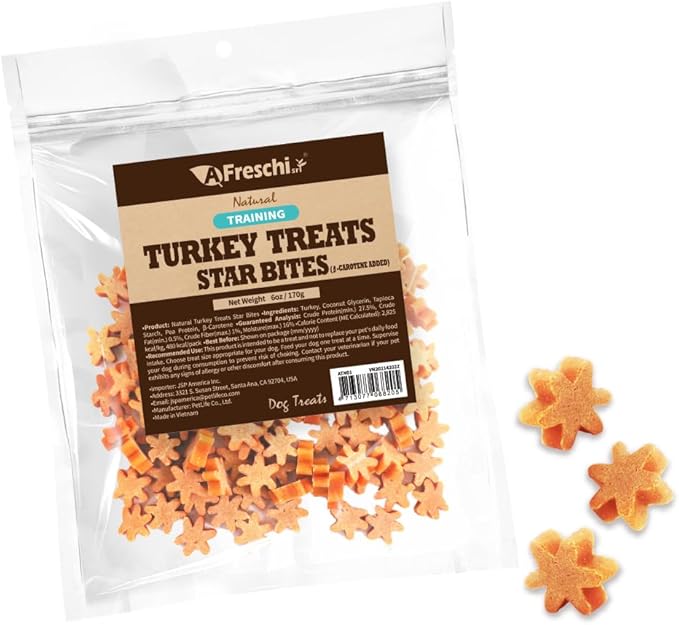 A Freschi srl Natural Turkey Treats, Hexagonal Shape, USA-Sourced Trukey, All-Natural, Hypoallergenic, Low-Fat, Healthy & Easily Digestible, Puppy & Training Snack & Small Dogs, Star Bites 6 oz