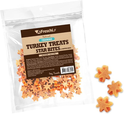 A Freschi srl Natural Turkey Treats, Hexagonal Shape, USA-Sourced Trukey, All-Natural, Hypoallergenic, Low-Fat, Healthy & Easily Digestible, Puppy & Training Snack & Small Dogs, Star Bites 6 oz