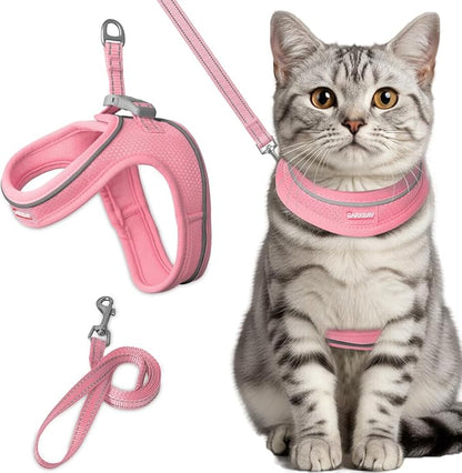 Cat Harness and Leash Set,Escape Proof Kitten Harness,Step in Adjustable Soft Lightweight,Easy Control,Reflective Strips Comfortable for Walking Travel(Baby Pink,XXS)