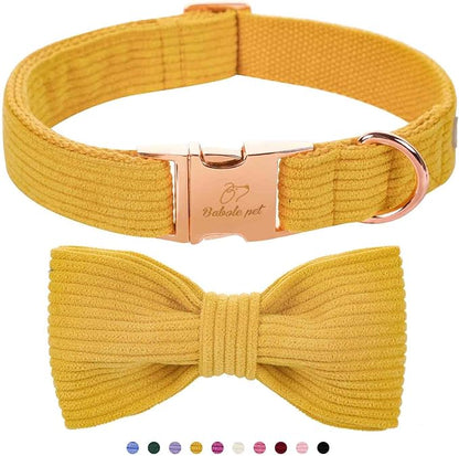 Yellow Dog Collars for Large Dog,Cute Corduroy Dog Collar with Bow Tie Safety Metal Buckle Adjustable Puppy Collars for Small Medium Large Boy&Girl Dogs,L-Neck 16"-24"