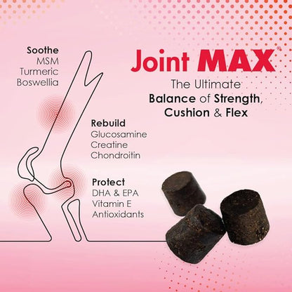 Joint Max TS Joint Supplement Vet Formulated Pain & Inflammation Relief Treats Hip Dysplasia & Arthritis, Glucosamine, Chondroitin, Turmeric, MSM, HA, Creatine, Omega 3 EPA + DHA.120 Soft Chews