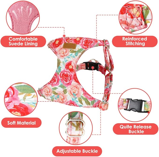 SlowTon Dog Harness Small Sized Dog - Soft XXS Dog Harness and Leash Set No Pull No Chock, Adjustable Lightweight Puppy Harness for XS Small Medium Dogs Cats (Pink Rose, S)