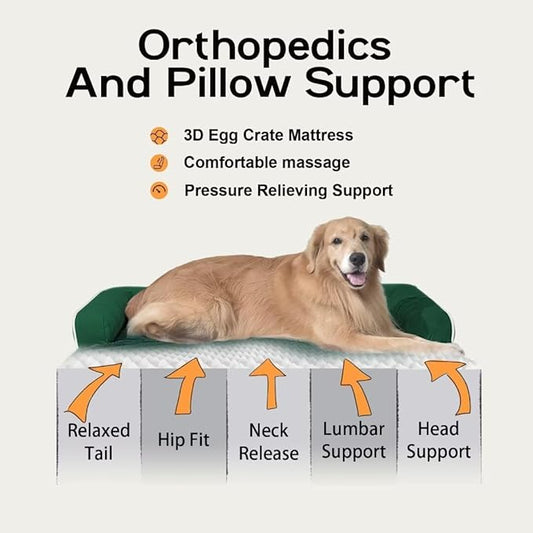 Orthopedic Large Dog Bed Washable, Orthopedic Emerald Dog Beds with Egg Foam Support, Removable, Machine Washable Plush Cover and Non-Slip Bottom for Extra Large Dogs
