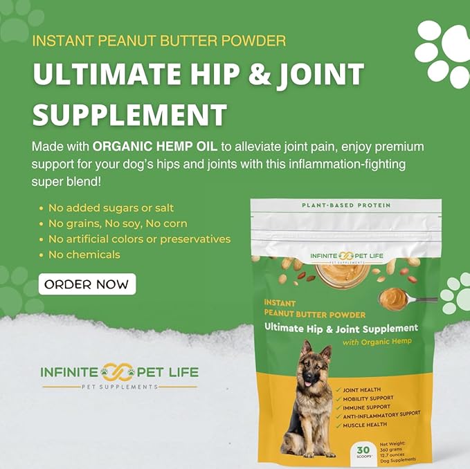 Infinite Pet Life Joint and Hip Supplements for Dogs Instant Peanut Butter Powder | 12.7 oz | Promotes Joint Health, Mobility, & Muscle Health