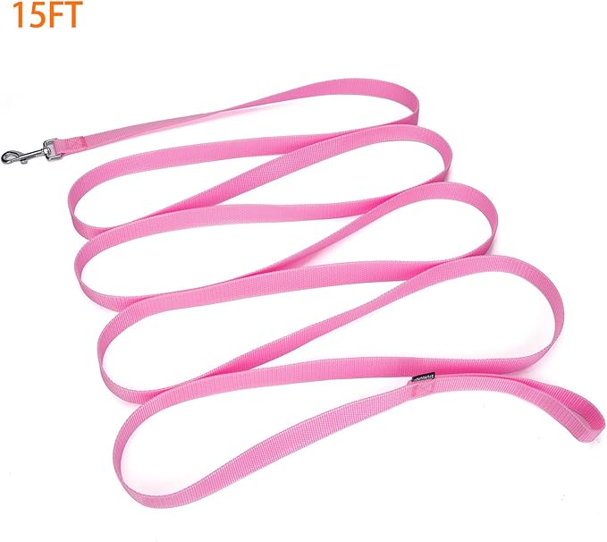 Siumouhoi Strong Durable 15ft Nylon Dog Training Leash, 1 Inch Wide Traction Rope, for Small and Medium Dog (Pink, 15 Feet)