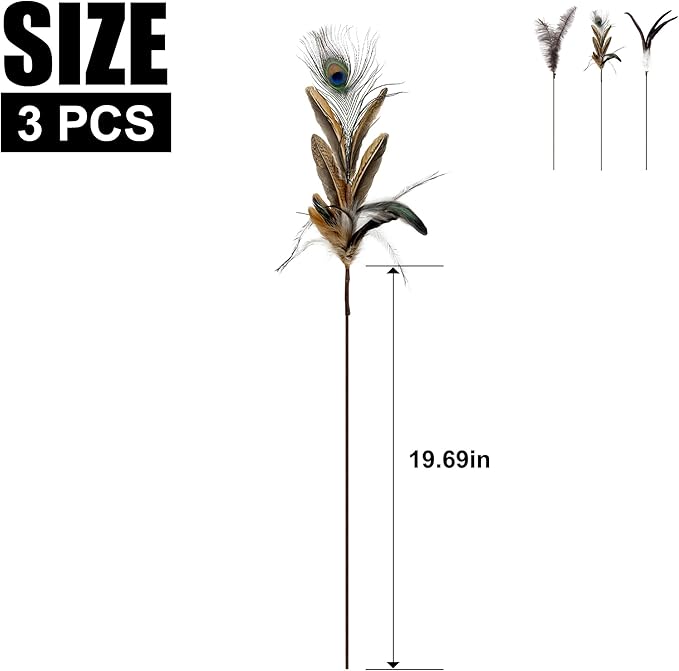 TTcat Cat Wand Toys Natural Huge Feather Stick Toys,3 Pcs Extra Long Teaser Sticks with Different Feathers (Ostrich, Peacock, Chicken),Interactive Toys for Indoor Cat and Kitten.