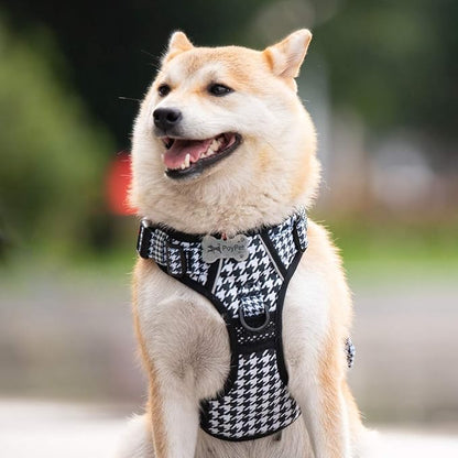 PoyPet No Pull Dog Harness, [Release on Neck] Reflective Adjustable No Choke Pet Vest with Front & Back 2 Leash Attachments, Soft Control Training Handle for Small Medium Large Dogs(Houndstooth,L)