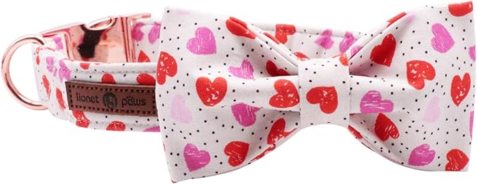 Lionet Paws Valentines Day Dog Collar with Bowtie, Dog Bowtie Collar with Metal Buckle for Dogs, Adjustable Comfortable Dog Collar Girl Boy Gift, M, Neck 13.5-22 in