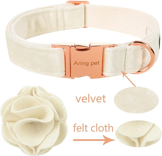 ARING PET Velvet Dog Collars, White Soft Pet Collar with Detachable Felt Flower Metal Buckle for Puppy Small Medium Large Boy Girl Dogs-M