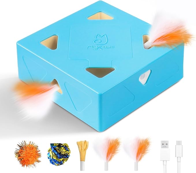Migipaws MigiBox Cat Toy, Interactive Kitten Toy for Indoor Cats, Automatic Pop Out Feathers from 7 Holes Randomly, Pounce Mystery Under Cover to Stimulate Bored Furry, Rechargable