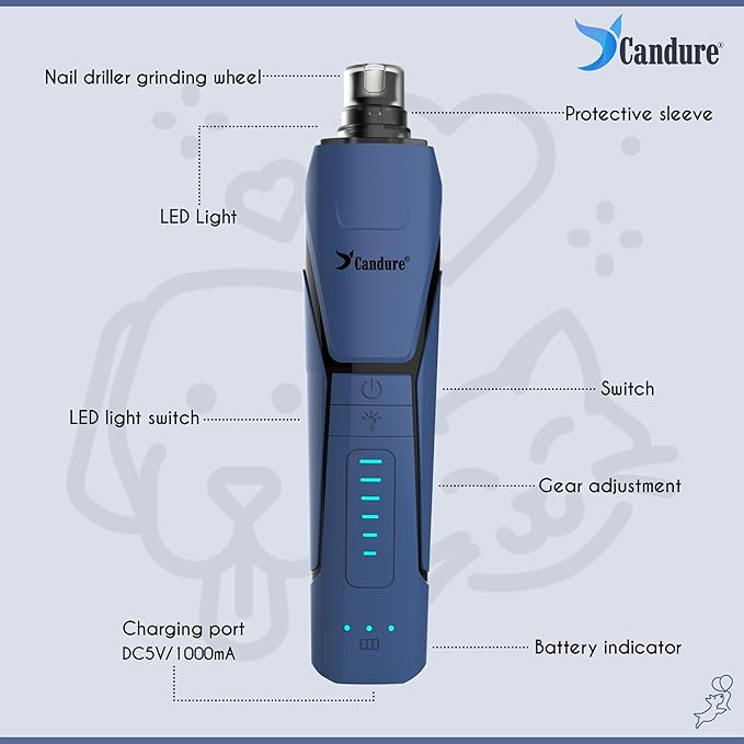 Candure Dog Nail Grinder Upto 6-Speed Dog Nail Trimmer for Large, Medium, Small Dogs, Cats & Pets - Low Noise Rechargeable Dog Claw Grinder with 360° LED Lights & Extra Grinder Head