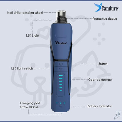 Candure Dog Nail Grinder Upto 6-Speed Dog Nail Trimmer for Large, Medium, Small Dogs, Cats & Pets - Low Noise Rechargeable Dog Claw Grinder with 360° LED Lights & Extra Grinder Head