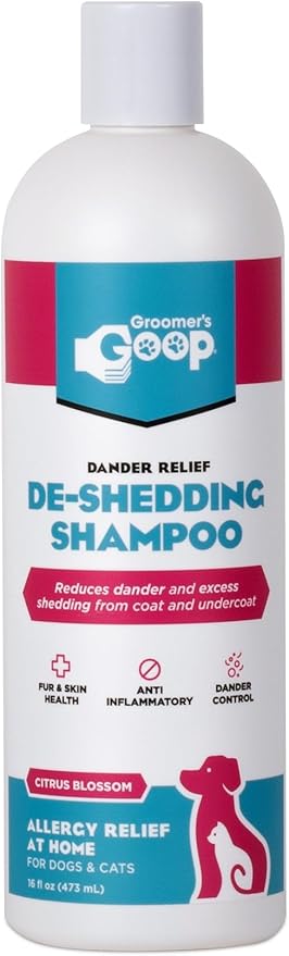Groomer’s Goop Dander Relief De-Shedding Pet Shampoo – Deep Cleansing Formula Reduces Shedding & Dander in Dogs & Cats, Soothes Dry Skin, Moisturizes with Vegan Collagen – 16 oz Bottle