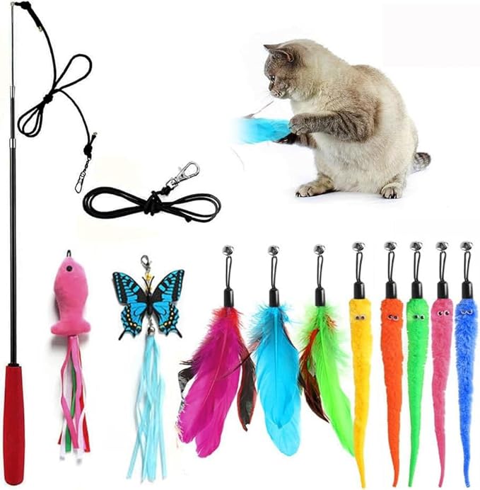 M JJYPET Retractable Cat Toy Wand, 12 Packs Interactive Cat Feather Toys, 9 Assorted Teaser Refills with Bell for Kitten (Pink)