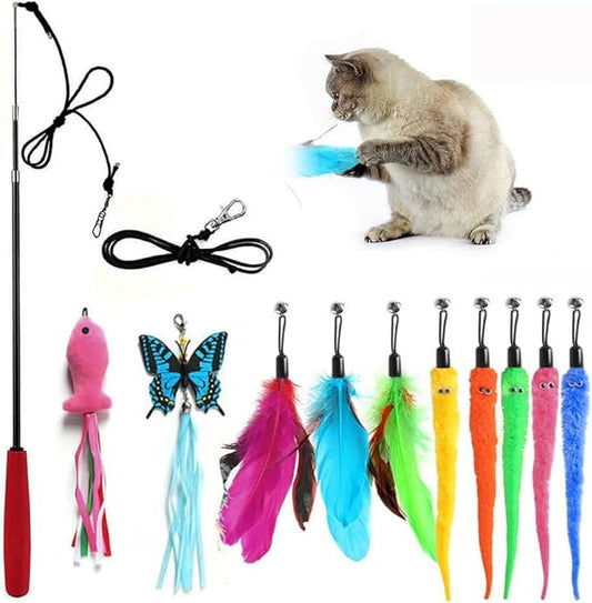 M JJYPET Retractable Cat Toy Wand, 12 Packs Interactive Cat Feather Toys, 9 Assorted Teaser Refills with Bell for Kitten (Pink)