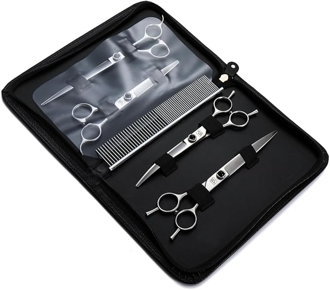 Fenice Totem Dog Grooming Scissors: 5 in 1 Pet Shears Kit Made Of Japanese 9CR Advanced Stainless Steel Professional Grooming Scissors for Dogs Cats and Other Pets