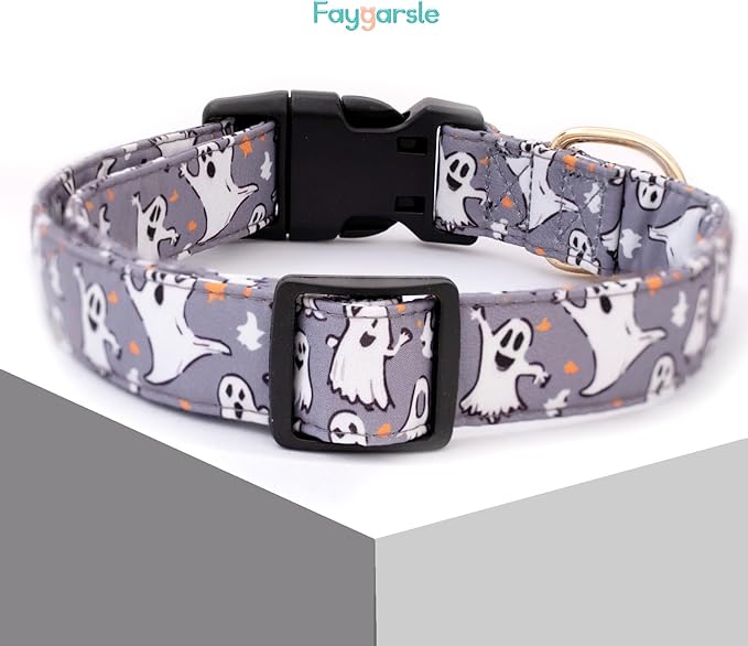 Faygarsle Gray Dog Collar with Ghosts Pattern Fall Autumn Halloween Cute Dog Collar for Small Medium Large Dogs Seasonal Pet Collar for Male Female Puppy Boy Girl Collar para Perros L