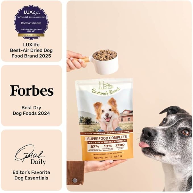 BADLANDS RANCH by Katherine Heigl – Superfood Complete Air-Dried Fish & Turkey Dog Food – High Protein with Superfoods for Daily Wellness & Consistent Nutrition – 24 oz (Pack of 4)