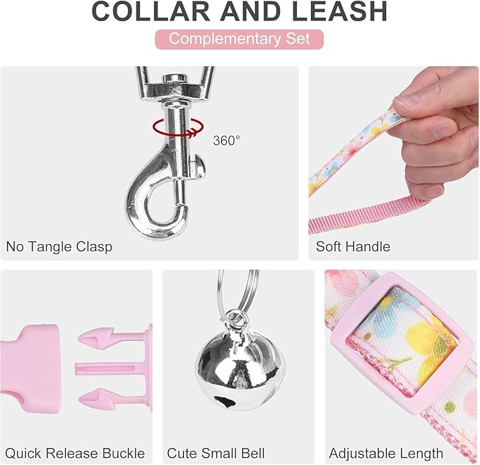 EXPAWLORER Small Dog Harness and Leash Set - Cute Puppy Harness Leash Dog Collar with AirTag Holder Silicone Case, Soft Padded Step in Pet Vest Reflective for Outdoor Walking, Floral XS
