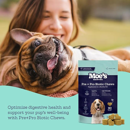 Moe’s Probiotic Chews for Dogs 90ct – Pumpkin Flavor Prebiotics & Probiotics for Gut Health, Digestion, Immunity and Itchy Skin Relief