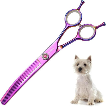 7" 60 Teeth Professional Dog Grooming Scissors, 25 Degree Curvature Pet Curved Thinning Shears, Japanese VG10 Steel Sharp, Durable Smooth Cutting Scissors for Dogs Cats and Other Pets Face and Paws