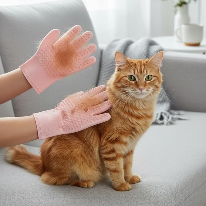 Pet Grooming & Hair Removal Gloves for Dogs & Cats, 2 Pairs Electrostatic Silicone Mitts with Soft Bristles, Enhanced 5-Finger Design for Pet Massage, Deshedding & Coat Care, Easy to Use & Clean(Red)