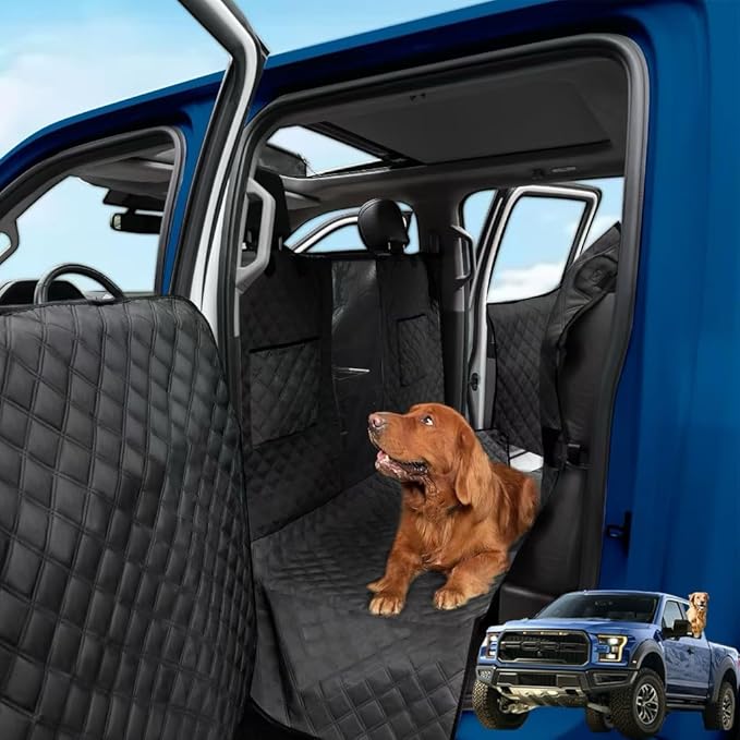 Sanqitara XL Dog Truck Seat Cover with Car Door Protector, for Trucks with Flip Up Rear Seats, Waterproof Full Coverage Dog Seat Cover for Full Size Crew Cab Trucks F150 F250