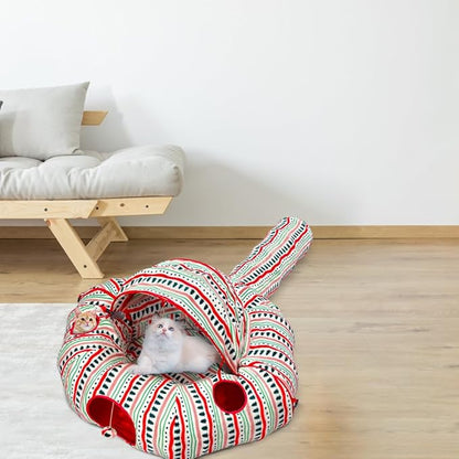 OUHOU Cat Tunnel Bed for Indoor Cats, Soft Plush Peekaboo Cat Cave Donut Tunnel, Multifunctional Cat Playground Toys Hideplace for Small Medium Large Cats, Kittens, Rabbit, Ferret (Red)