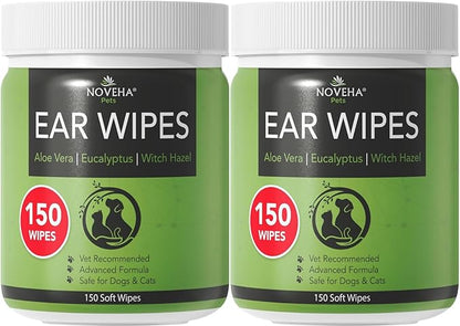 NOVEHA 300PCs Dog Ear Cleaner Wipes, Daily Ear Cleaner for Dogs & Cats - Stop Ear Itching with Aloe, Eucalyptus & Witch Hazel Ear Wipes for Dogs - for Odor Control, Dirt and Wax Removal, Unscented