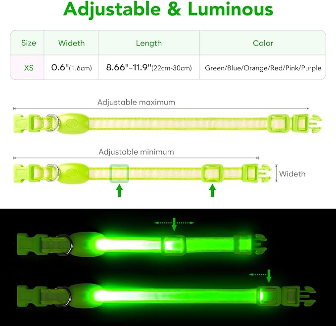 Light up Collar for Small Dog,Vizpet XS Adjustable Size Nylon Collar USB Rechargeable Bright Safety Pet Collar for Cats Small Dogs (Green, X-Small[ 8.66-11.9 inch/22cm-30cm])